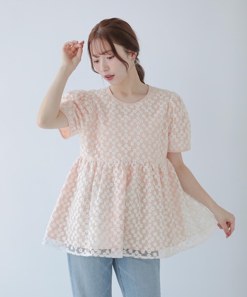Fit more フィットモア　花柄　ペプラム　ボリューム　パフスリーブトップス セール】花柄ペプラムボリュームスリーブトップス（シャツ