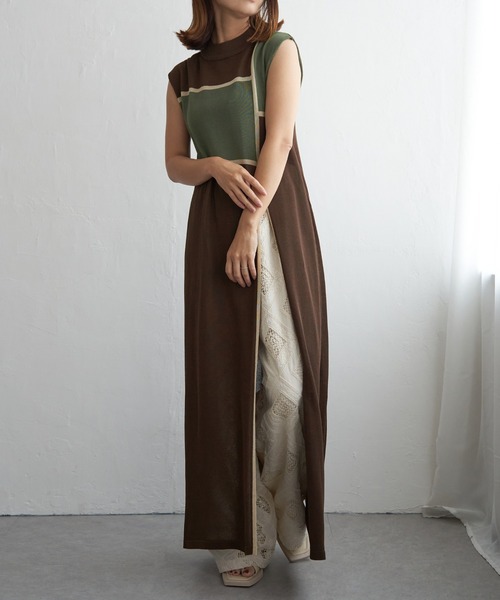 notch.（ノッチ）の「麻タッチ配色スリットワンピース（ワンピース・レディース・ブラウン/ベージュ/ブラック・M）」の3枚目の写真
