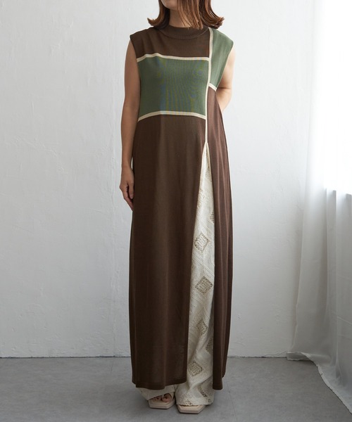 notch.（ノッチ）の「麻タッチ配色スリットワンピース（ワンピース・レディース・ブラウン/ベージュ/ブラック・M）」の5枚目の写真