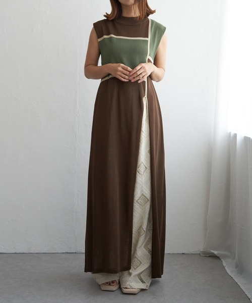 notch.（ノッチ）の「麻タッチ配色スリットワンピース（ワンピース・レディース・ブラウン/ベージュ/ブラック・M）」の6枚目の写真