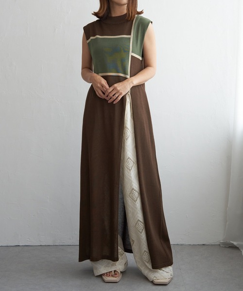 notch.（ノッチ）の「麻タッチ配色スリットワンピース（ワンピース・レディース・ブラウン/ベージュ/ブラック・M）」の9枚目の写真