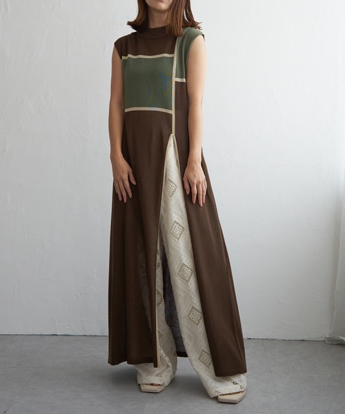 notch.（ノッチ）の「麻タッチ配色スリットワンピース（ワンピース・レディース・ブラウン/ベージュ/ブラック・M）」の4枚目の写真