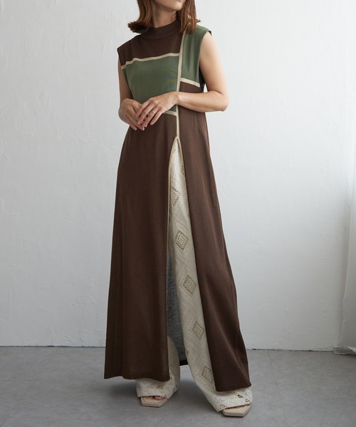 notch.（ノッチ）の「麻タッチ配色スリットワンピース（ワンピース・レディース・ブラウン/ベージュ/ブラック・M）」の7枚目の写真