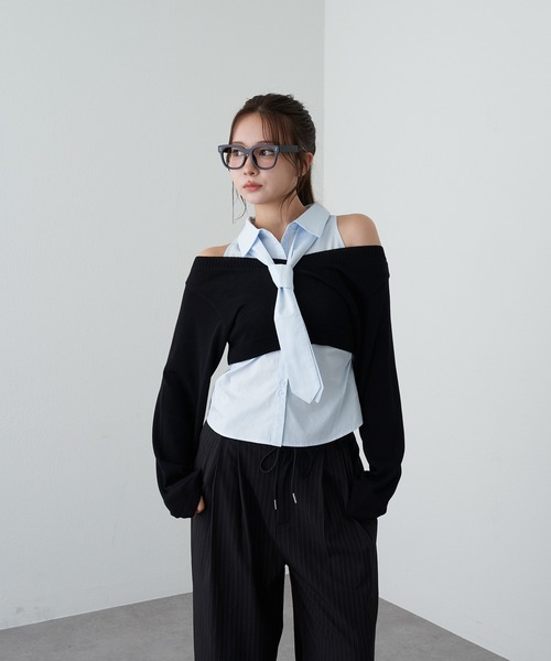 RAY CASSIN（レイカズン）の「アメスリタイ付シャツレイヤードニット（シャツ/ブラウス・レディース・ライトベージュ/ブルー系その他2/ブルー系その他3・FREE）」の5枚目の写真