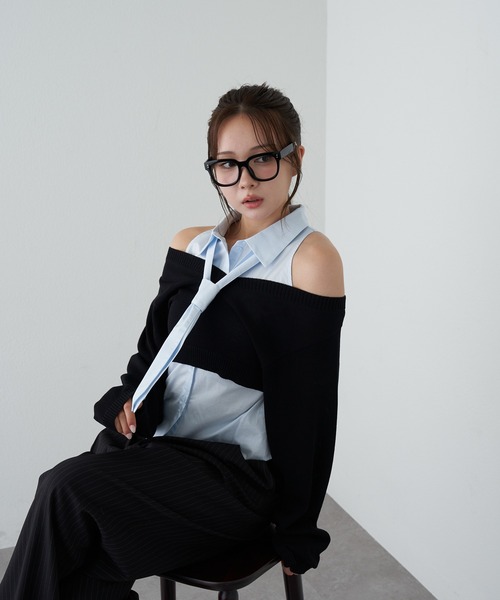 RAY CASSIN（レイカズン）の「アメスリタイ付シャツレイヤードニット（シャツ/ブラウス・レディース・ライトベージュ/ブルー系その他2/ブルー系その他3・FREE）」の4枚目の写真