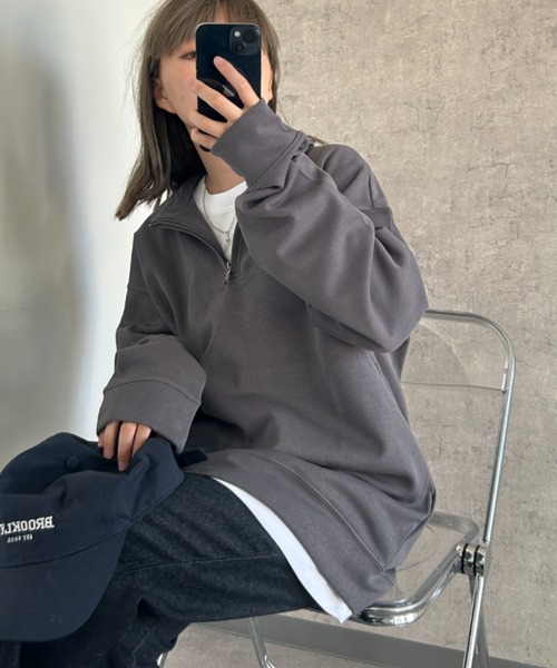 Teem Store(チームストア)の「ハーフジップスウェットシャツ(スウェット・レディース・ネイビー/グレー/ブラック/ライトグレー/チャコール・M/L)」の16枚目の写真