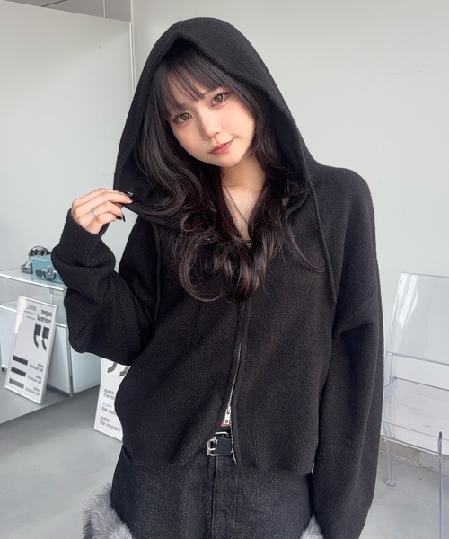 MandO（Auntie Rosa）（エムオー）の「ショート丈ニットジップフーディ/ニットパーカー（ニット/セーター・メンズ・ブラック/グリーン・LARGE/MEDIUM）」の2枚目の写真