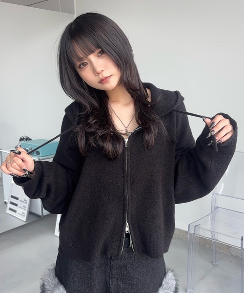 MandO（Auntie Rosa）（エムオー）の「ショート丈ニットジップフーディ/ニットパーカー（ニット/セーター・メンズ・ブラック/グリーン・LARGE/MEDIUM）」の3枚目の写真