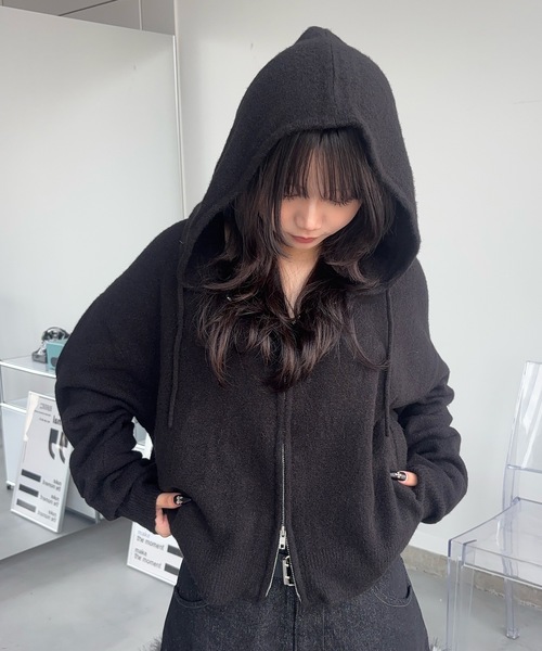 MandO（Auntie Rosa）（エムオー）の「ショート丈ニットジップフーディ/ニットパーカー（ニット/セーター・メンズ・ブラック/グリーン・LARGE/MEDIUM）」の4枚目の写真