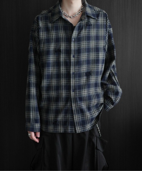 KUUUPY（クーピー）の「Distressed Ombre Check Shirt - ダメージオンブレチェックシャツ（シャツ/ブラウス・メンズ・ブラック/レッド/ネイビー・LARGE/MEDIUM/SMALL）」の21枚目の写真
