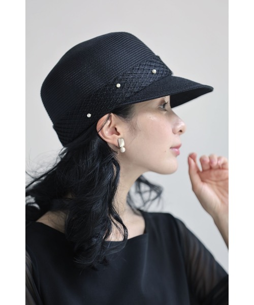黒）デコレーションパールの麦わら風帽子（キャップ）｜CAWAII