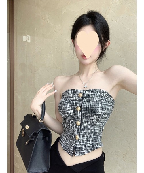 I.O.E(アイオイ)の「ツイード調 ストラップレス ボタン付きトップス(チューブトップ・レディース・ライトブルー/ブラック・M/S)」の13枚目の写真