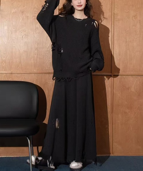 トップス Sold out セール】クラッシュニット＆スカート2点セットアップ（セットアップ