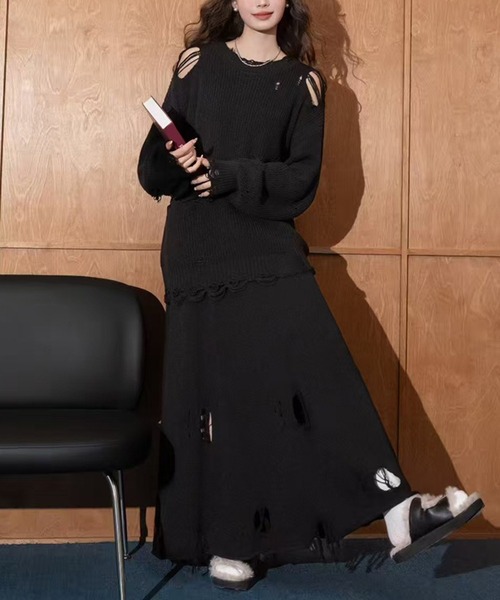 セール】クラッシュニット＆スカート2点セットアップ（セットアップ