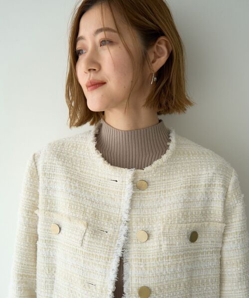 YECCA VECCA（イェッカヴェッカ）の「ノーカラーツイードジャケット（テーラードジャケット・レディース・アイボリー/ブラック・FREE）」の12枚目の写真