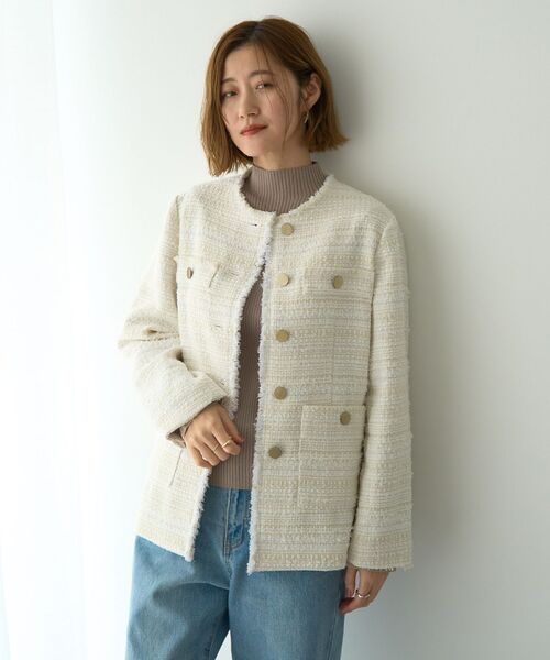 YECCA VECCA（イェッカヴェッカ）の「ノーカラーツイードジャケット（テーラードジャケット・レディース・アイボリー/ブラック・FREE）」の15枚目の写真