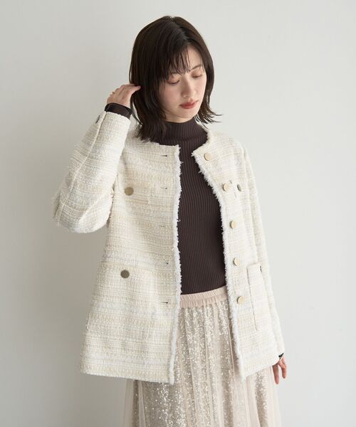 YECCA VECCA（イェッカヴェッカ）の「ノーカラーツイードジャケット（テーラードジャケット・レディース・アイボリー/ブラック・FREE）」の2枚目の写真