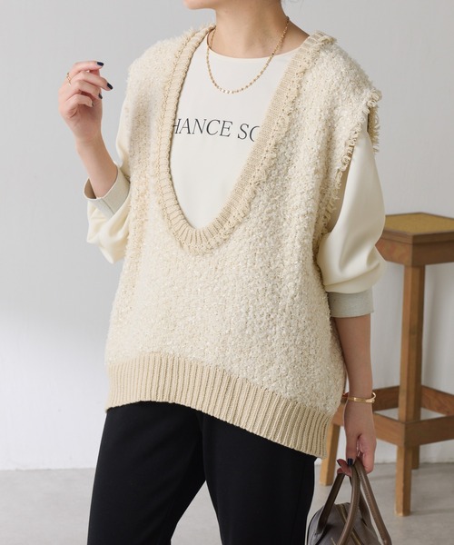 COLLAGE GALLARDAGALANTE（コラージュガリャルダガランテ）の「ツイードライクニットベスト/セットアップ可（ベスト・レディース・ベージュ/ブルー・FREE）」の5枚目の写真