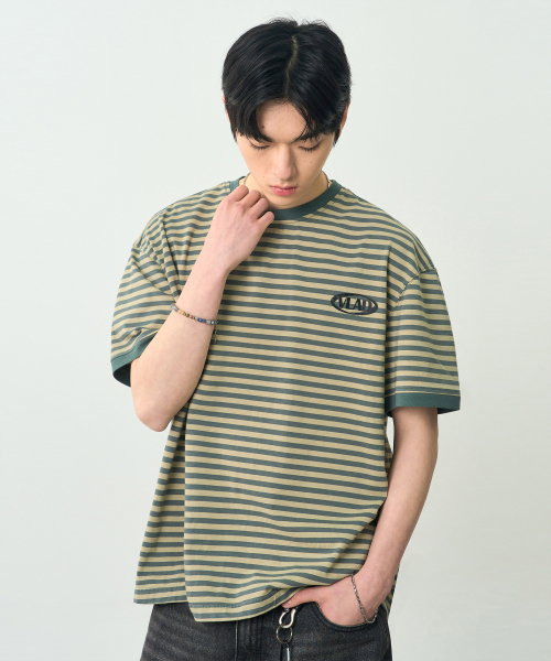 DIMITRI BLACK(ディミトリブラック)の「VLADブランドストライプリンガー半袖Tシャツ_イエロー&グリーン(Tシャツ/カットソー・レディース・その他・SMALL/MEDIUM/X-LARGE/LARGE)」の4枚目の写真