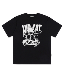 ホワイトヒップキャットスケートボードプリントオーバーサイズ半袖Tシャツブラック