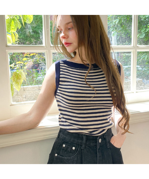 SLOWLOLLI(スローローリ)の「Striped knit sleeveless_3 Colors(Tシャツ/カットソー・レディース・アイボリー/ブラック/Beige・FREE)」の3枚目の写真