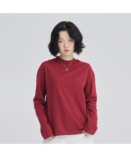 セール】モックネックボーイクロップフィット長袖Tシャツバーガンディ