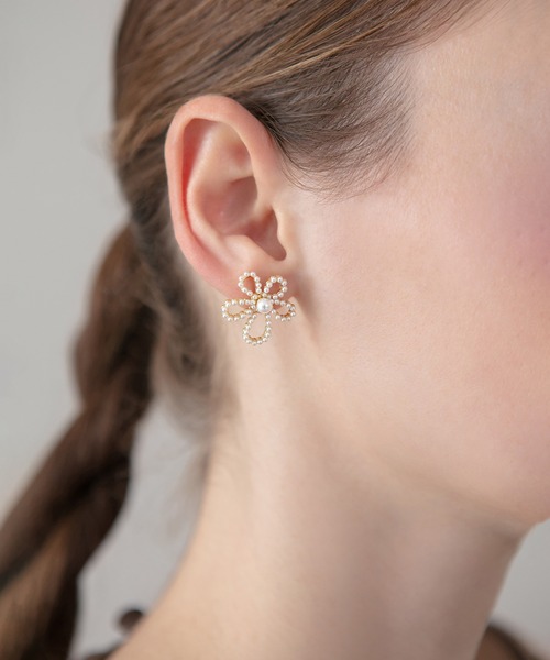 【最終値下げ】ミックスビジューパールピアス トレフルプラスワン シェリッシュ セール】【LEJA】フラワービジューパールピアス結婚式 パーティー 成人