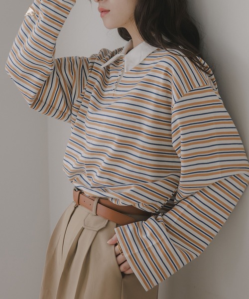 210nouve（トゥージュヌーブ）の「オーバーサイズ ボーダー ポロ Tシャツ（Tシャツ/カットソー・レディース・ベージュ/ブルー/グリーン・FREE）」の2枚目の写真