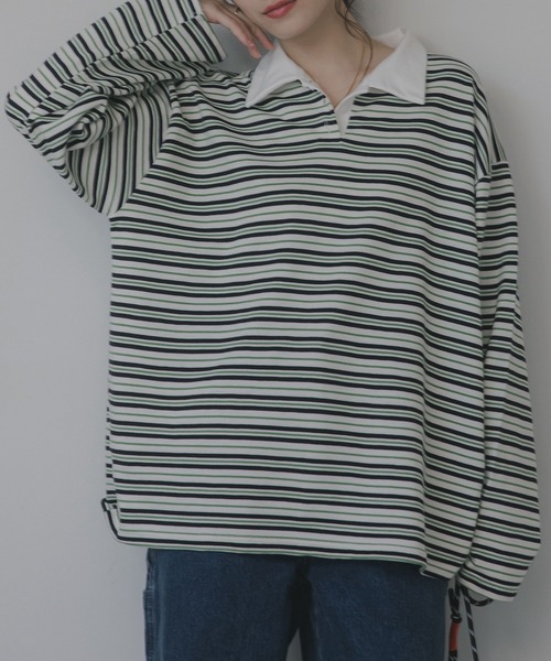 210nouve（トゥージュヌーブ）の「オーバーサイズ ボーダー ポロ Tシャツ（Tシャツ/カットソー・レディース・ベージュ/ブルー/グリーン・FREE）」の3枚目の写真