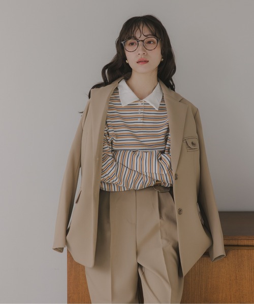 210nouve（トゥージュヌーブ）の「オーバーサイズ ボーダー ポロ Tシャツ（Tシャツ/カットソー・レディース・ベージュ/ブルー/グリーン・FREE）」の12枚目の写真