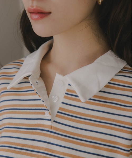 210nouve（トゥージュヌーブ）の「オーバーサイズ ボーダー ポロ Tシャツ（Tシャツ/カットソー・レディース・ベージュ/ブルー/グリーン・FREE）」の20枚目の写真