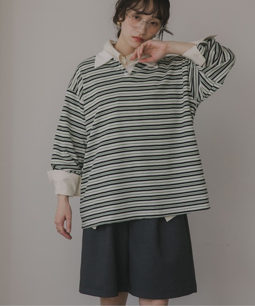 210nouve（トゥージュヌーブ）の「オーバーサイズ ボーダー ポロ Tシャツ（Tシャツ/カットソー・レディース・ベージュ/ブルー/グリーン・FREE）」の10枚目の写真