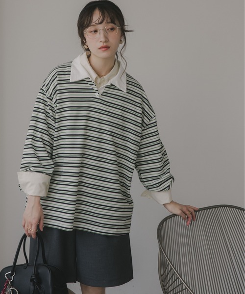 210nouve（トゥージュヌーブ）の「オーバーサイズ ボーダー ポロ Tシャツ（Tシャツ/カットソー・レディース・ベージュ/ブルー/グリーン・FREE）」の11枚目の写真