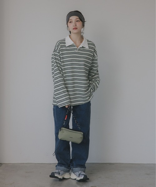 210nouve（トゥージュヌーブ）の「オーバーサイズ ボーダー ポロ Tシャツ（Tシャツ/カットソー・レディース・ベージュ/ブルー/グリーン・FREE）」の17枚目の写真