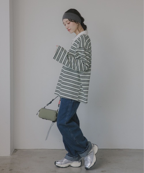 210nouve（トゥージュヌーブ）の「オーバーサイズ ボーダー ポロ Tシャツ（Tシャツ/カットソー・レディース・ベージュ/ブルー/グリーン・FREE）」の18枚目の写真