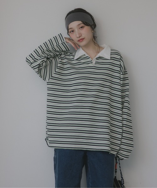 210nouve（トゥージュヌーブ）の「オーバーサイズ ボーダー ポロ Tシャツ（Tシャツ/カットソー・レディース・ベージュ/ブルー/グリーン・FREE）」の21枚目の写真