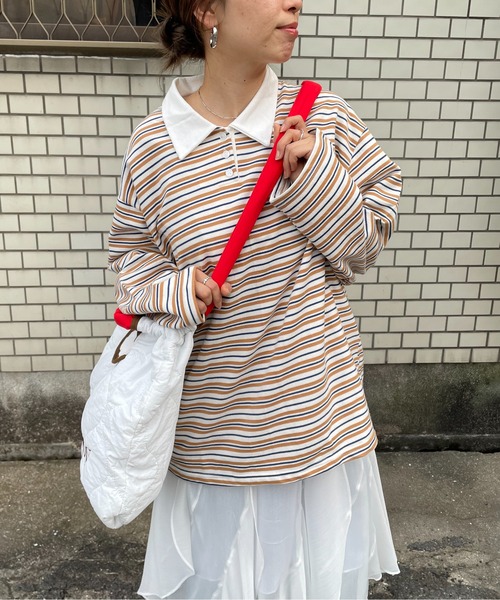 210nouve（トゥージュヌーブ）の「オーバーサイズ ボーダー ポロ Tシャツ（Tシャツ/カットソー・レディース・ベージュ/ブルー/グリーン・FREE）」の8枚目の写真