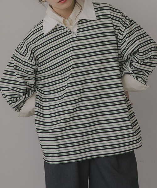 210nouve（トゥージュヌーブ）の「オーバーサイズ ボーダー ポロ Tシャツ（Tシャツ/カットソー・レディース・ベージュ/ブルー/グリーン・FREE）」の4枚目の写真