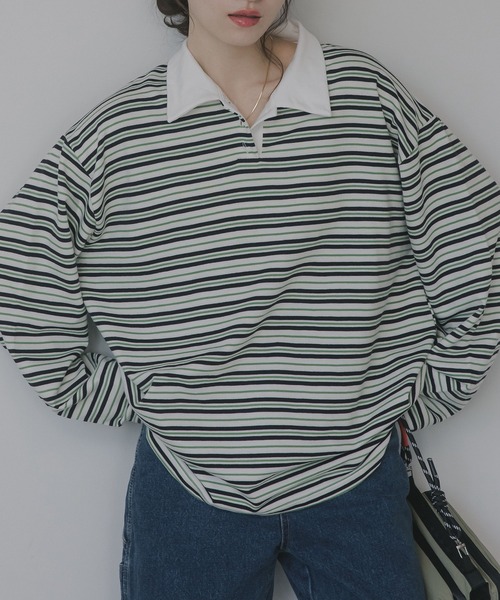 210nouve（トゥージュヌーブ）の「オーバーサイズ ボーダー ポロ Tシャツ（Tシャツ/カットソー・レディース・ベージュ/ブルー/グリーン・FREE）」の9枚目の写真