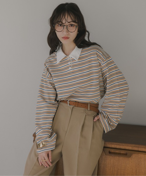 210nouve（トゥージュヌーブ）の「オーバーサイズ ボーダー ポロ Tシャツ（Tシャツ/カットソー・レディース・ベージュ/ブルー/グリーン・FREE）」の6枚目の写真