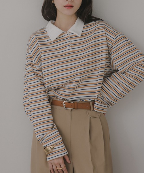 210nouve（トゥージュヌーブ）の「オーバーサイズ ボーダー ポロ Tシャツ（Tシャツ/カットソー・レディース・ベージュ/ブルー/グリーン・FREE）」の7枚目の写真