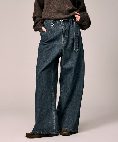 WETTEMPT（ウィテンプト）の「BELTED WIDE DENIM PANTS / ベルテッドワイドデニムパンツ（デニムパンツ・メンズ・ブルー/ダークインディゴブルー/ブラック・MEDIUM/SMALL/LARGE）」の2枚目の写真