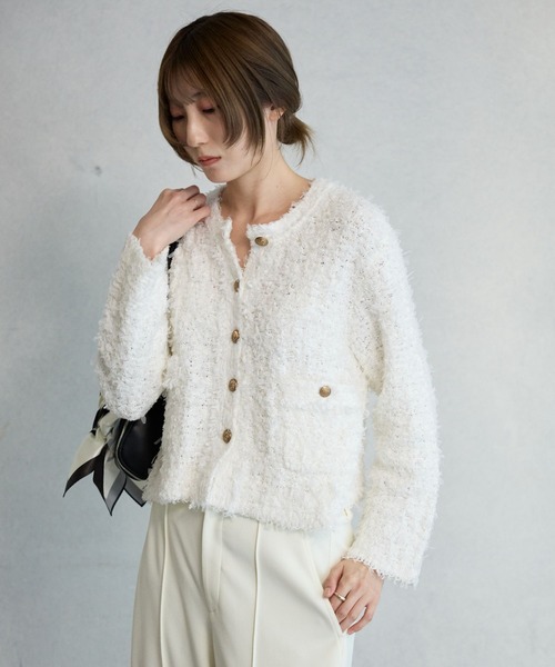 BABYLONE（バビロン）の「ツイードニットジャケット（ノーカラージャケット・レディース・ブラック/ホワイト・フリー）」の3枚目の写真