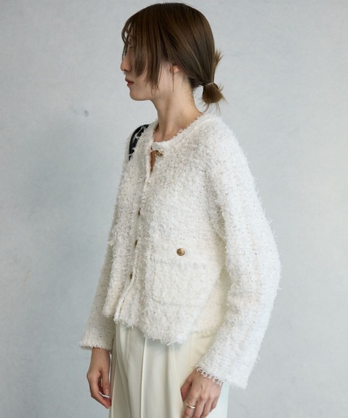 BABYLONE（バビロン）の「ツイードニットジャケット（ノーカラージャケット・レディース・ブラック/ホワイト・フリー）」の4枚目の写真