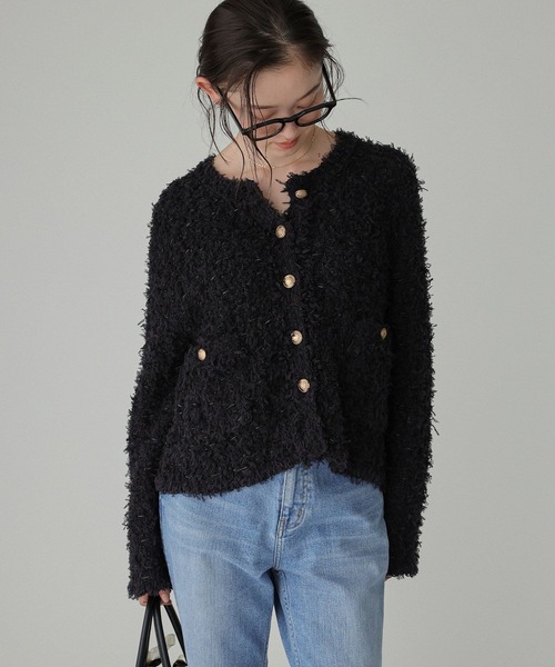 BABYLONE（バビロン）の「ツイードニットジャケット（ノーカラージャケット・レディース・ブラック/ホワイト・フリー）」の11枚目の写真