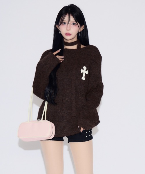 Neck String Cross Off-shoulder Knit Dress / ネックストリングクロス