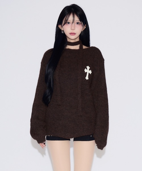 tinkerend(ティンカーエンド)の「Neck String Cross Off-shoulder Knit Dress / ネックストリングクロスオフショルダーニットワンピース(ニット/セーター・レディース・ブラウン・FREE)」の8枚目の写真