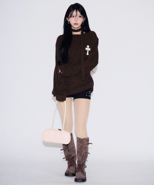 tinkerend(ティンカーエンド)の「Neck String Cross Off-shoulder Knit Dress / ネックストリングクロスオフショルダーニットワンピース(ニット/セーター・レディース・ブラウン・FREE)」の3枚目の写真