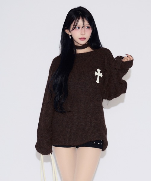 tinkerend(ティンカーエンド)の「Neck String Cross Off-shoulder Knit Dress / ネックストリングクロスオフショルダーニットワンピース(ニット/セーター・レディース・ブラウン・FREE)」の7枚目の写真