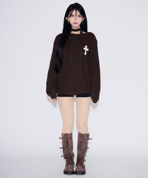 tinkerend(ティンカーエンド)の「Neck String Cross Off-shoulder Knit Dress / ネックストリングクロスオフショルダーニットワンピース(ニット/セーター・レディース・ブラウン・FREE)」の5枚目の写真